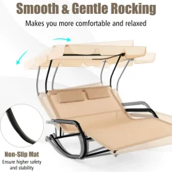 Tangkula 2 Person Lounge Chair with Adjustable Canopy, Outdoor Chaise Lounge with 2 Detachable Pillows and Wheels