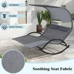 Tangkula 2 Person Lounge Chair with Adjustable Canopy, Outdoor Chaise Lounge with 2 Detachable Pillows (Gray)