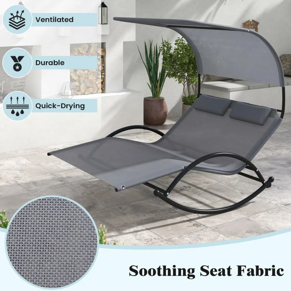 Tangkula 2 Person Lounge Chair with Adjustable Canopy, Outdoor Chaise Lounge with 2 Detachable Pillows (Gray)