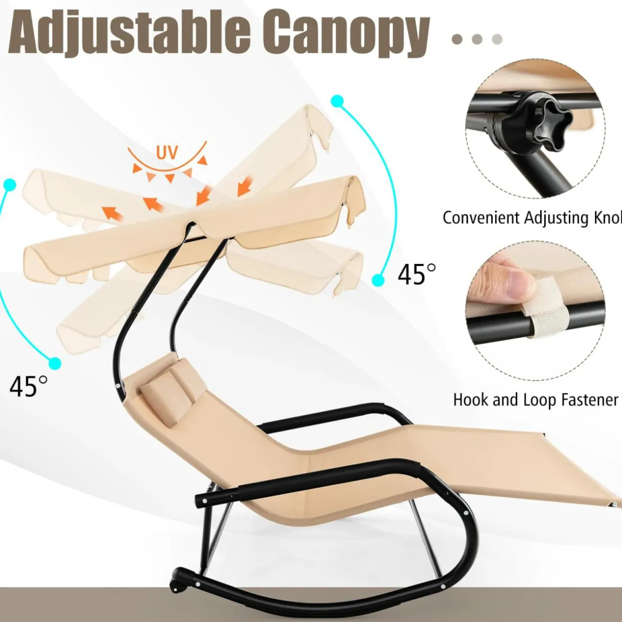 Tangkula 2 Person Lounge Chair with Adjustable Canopy, Outdoor Chaise Lounge with 2 Detachable Pillows and Wheels