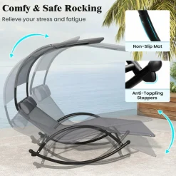 Tangkula 2 Person Lounge Chair with Adjustable Canopy, Outdoor Chaise Lounge with 2 Detachable Pillows (Gray)