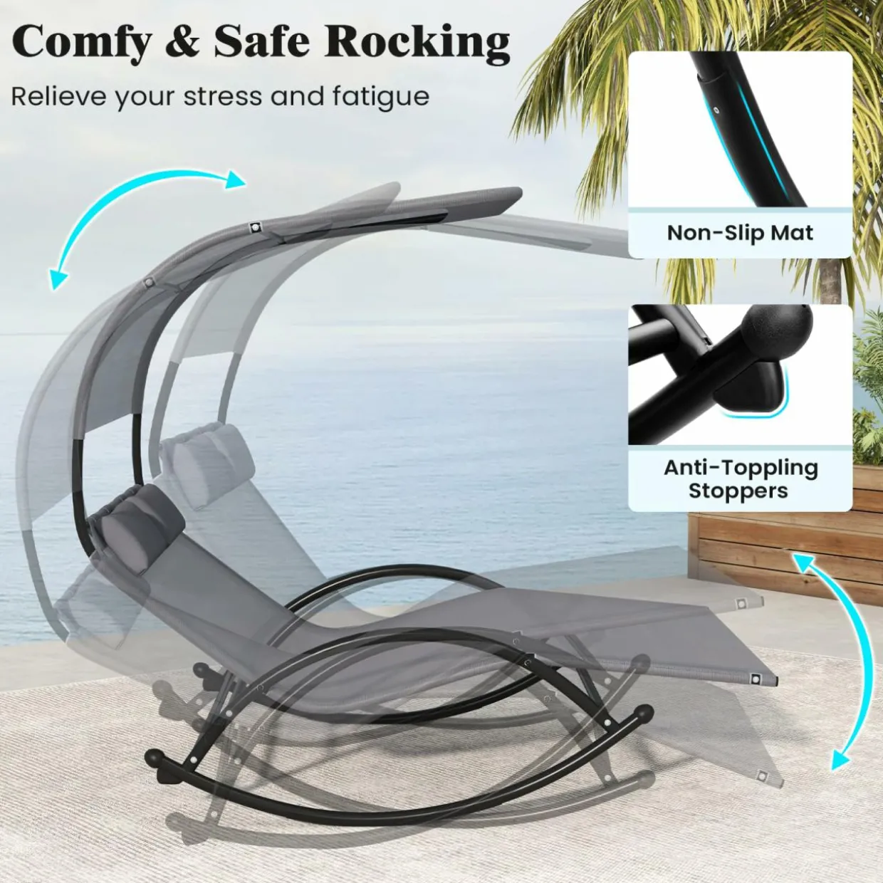 Tangkula 2 Person Lounge Chair with Adjustable Canopy, Outdoor Chaise Lounge with 2 Detachable Pillows (Gray)