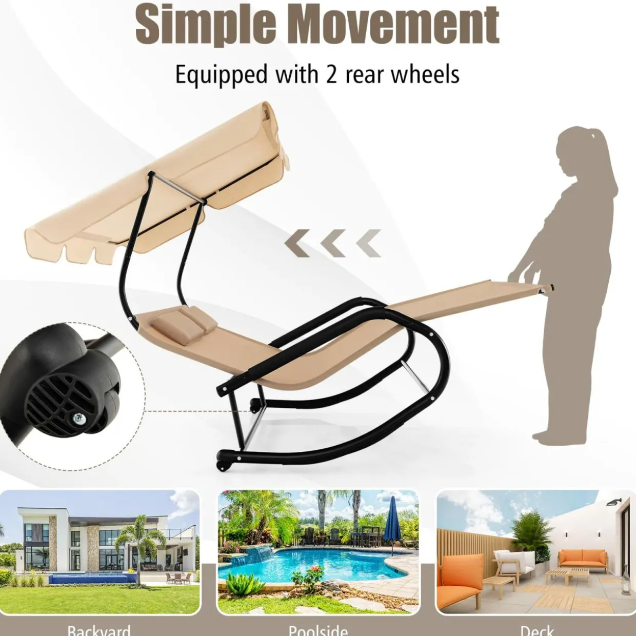 Tangkula 2 Person Lounge Chair with Adjustable Canopy, Outdoor Chaise Lounge with 2 Detachable Pillows and Wheels