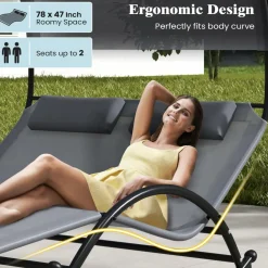Tangkula 2 Person Lounge Chair with Adjustable Canopy, Outdoor Chaise Lounge with 2 Detachable Pillows (Gray)
