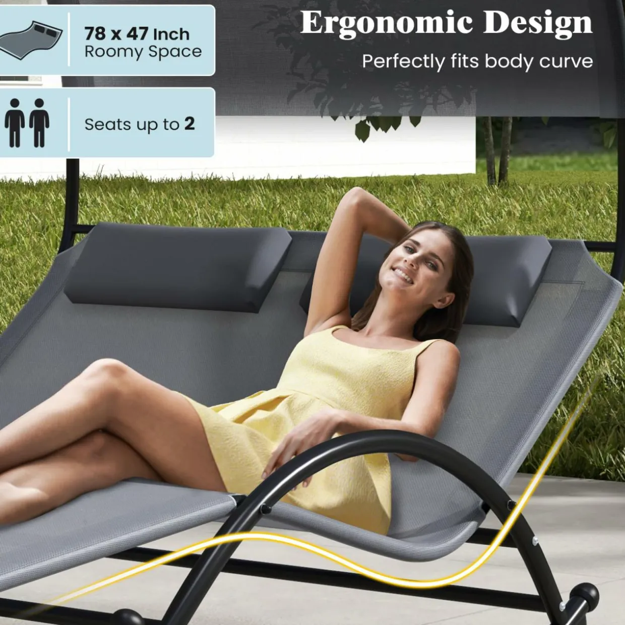 Tangkula 2 Person Lounge Chair with Adjustable Canopy, Outdoor Chaise Lounge with 2 Detachable Pillows (Gray)