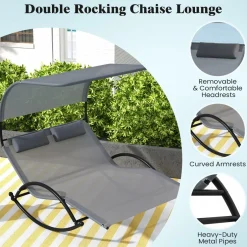 Tangkula 2 Person Lounge Chair with Adjustable Canopy, Outdoor Chaise Lounge with 2 Detachable Pillows (Gray)