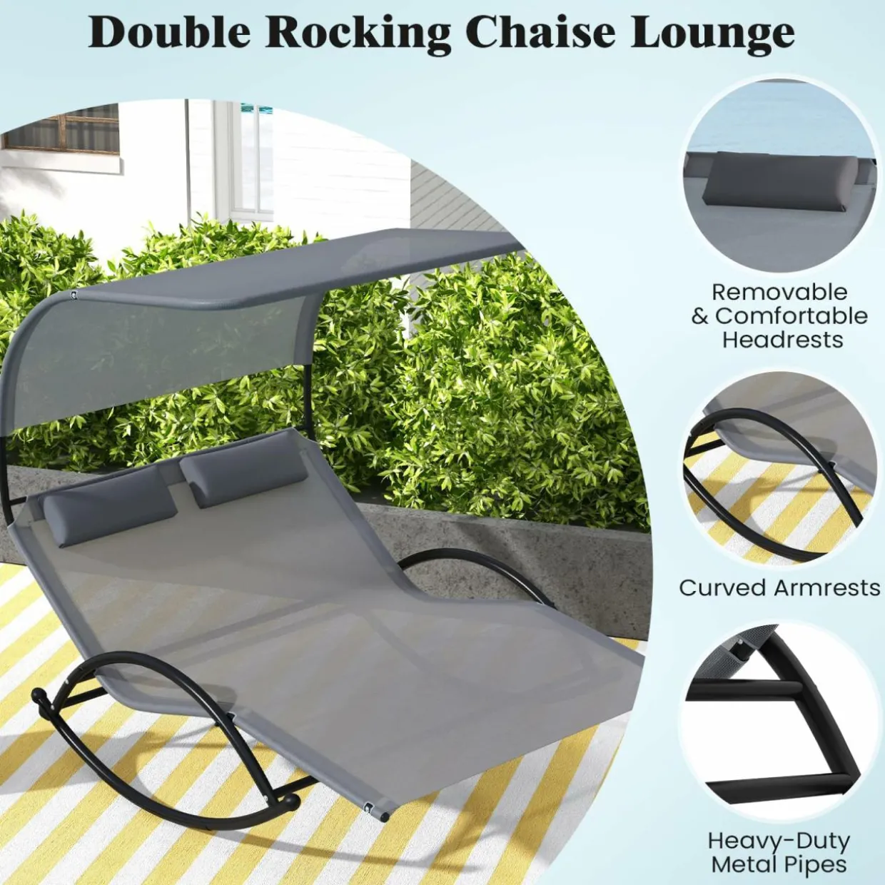 Tangkula 2 Person Lounge Chair with Adjustable Canopy, Outdoor Chaise Lounge with 2 Detachable Pillows (Gray)