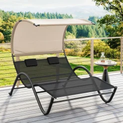 Tangkula 2 Person Lounge Chair with Adjustable Canopy, Outdoor Chaise Lounge with 2 Detachable Pillows