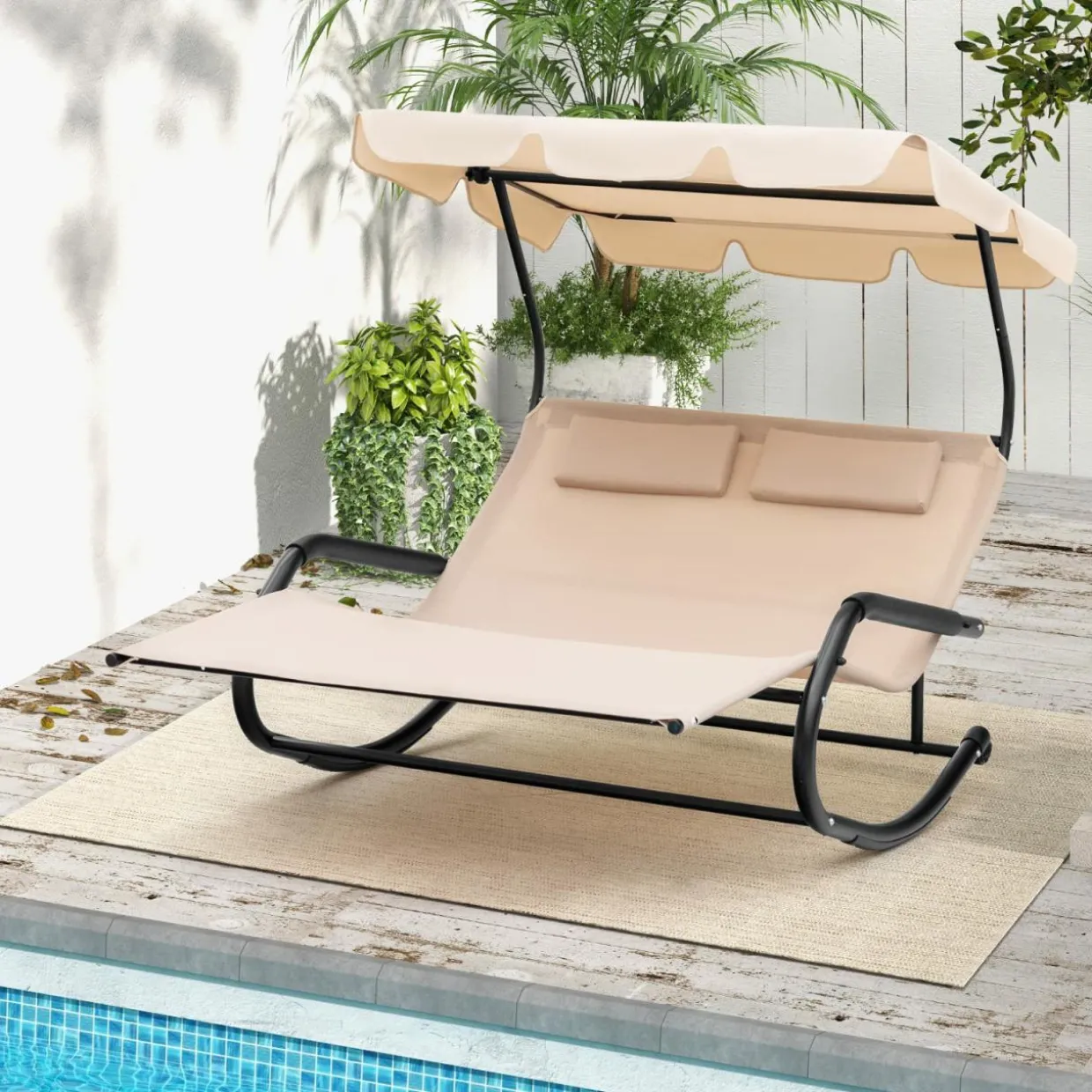 Tangkula 2 Person Lounge Chair with Adjustable Canopy, Outdoor Chaise Lounge with 2 Detachable Pillows and Wheels