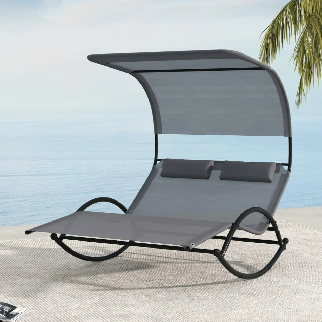 Tangkula 2 Person Lounge Chair with Adjustable Canopy, Outdoor Chaise Lounge with 2 Detachable Pillows (Gray)
