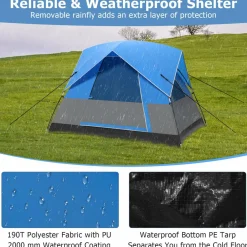 Tangkula 3 Person Outdoor Camping Tent, Waterproof Family Tent w/Removable Floor Mat