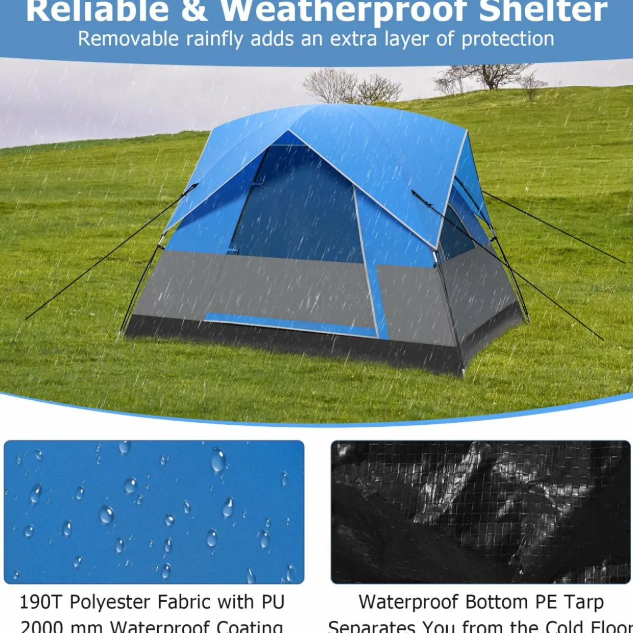 Tangkula 3 Person Outdoor Camping Tent, Waterproof Family Tent w/Removable Floor Mat