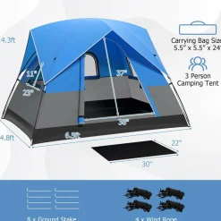 Tangkula 3 Person Outdoor Camping Tent, Waterproof Family Tent w/Removable Floor Mat