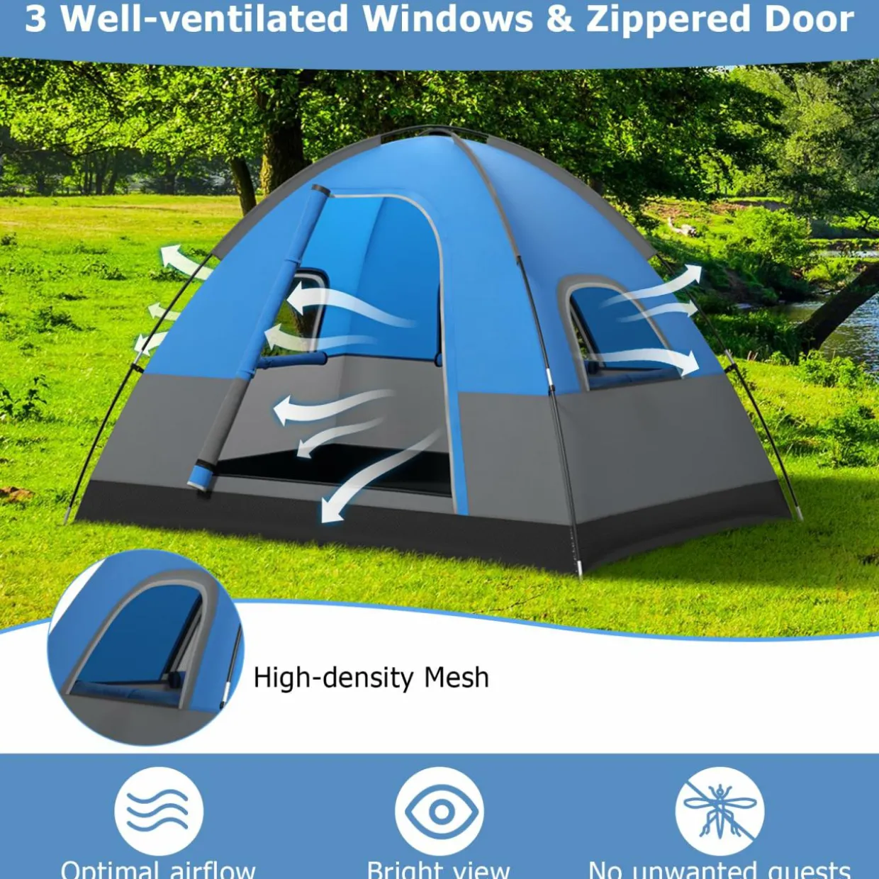 Tangkula 3 Person Outdoor Camping Tent, Waterproof Family Tent w/Removable Floor Mat