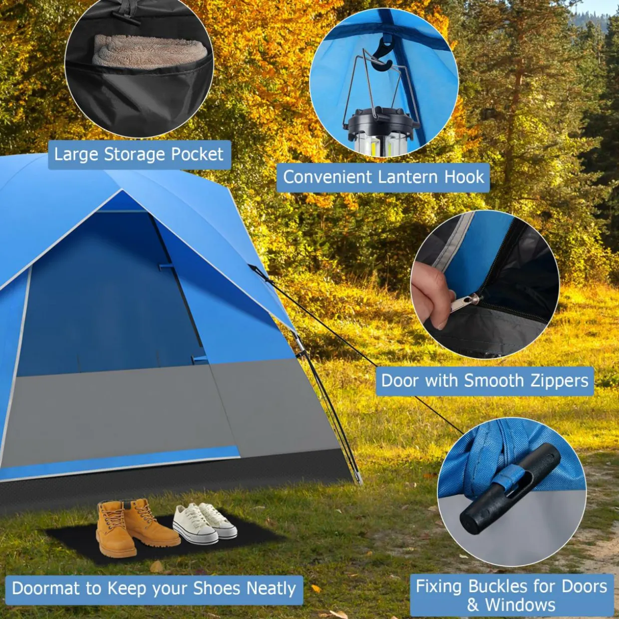 Tangkula 3 Person Outdoor Camping Tent, Waterproof Family Tent w/Removable Floor Mat