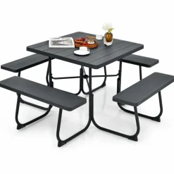 Tangkula 8 Person Picnic Table, Outdoor Square Picnic Table with 4 Built-in Benches