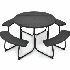 Tangkula 8 Person Picnic Table, Outdoor Round Picnic Table with 4 Built-in Benches, Umbrella Hole