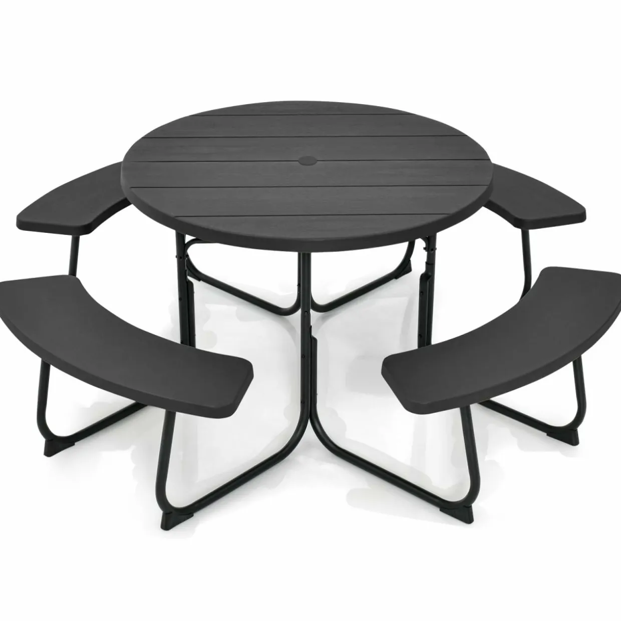 Tangkula 8 Person Picnic Table, Outdoor Round Picnic Table with 4 Built-in Benches, Umbrella Hole