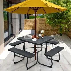 Tangkula 8 Person Picnic Table, Outdoor Square Picnic Table with 4 Built-in Benches