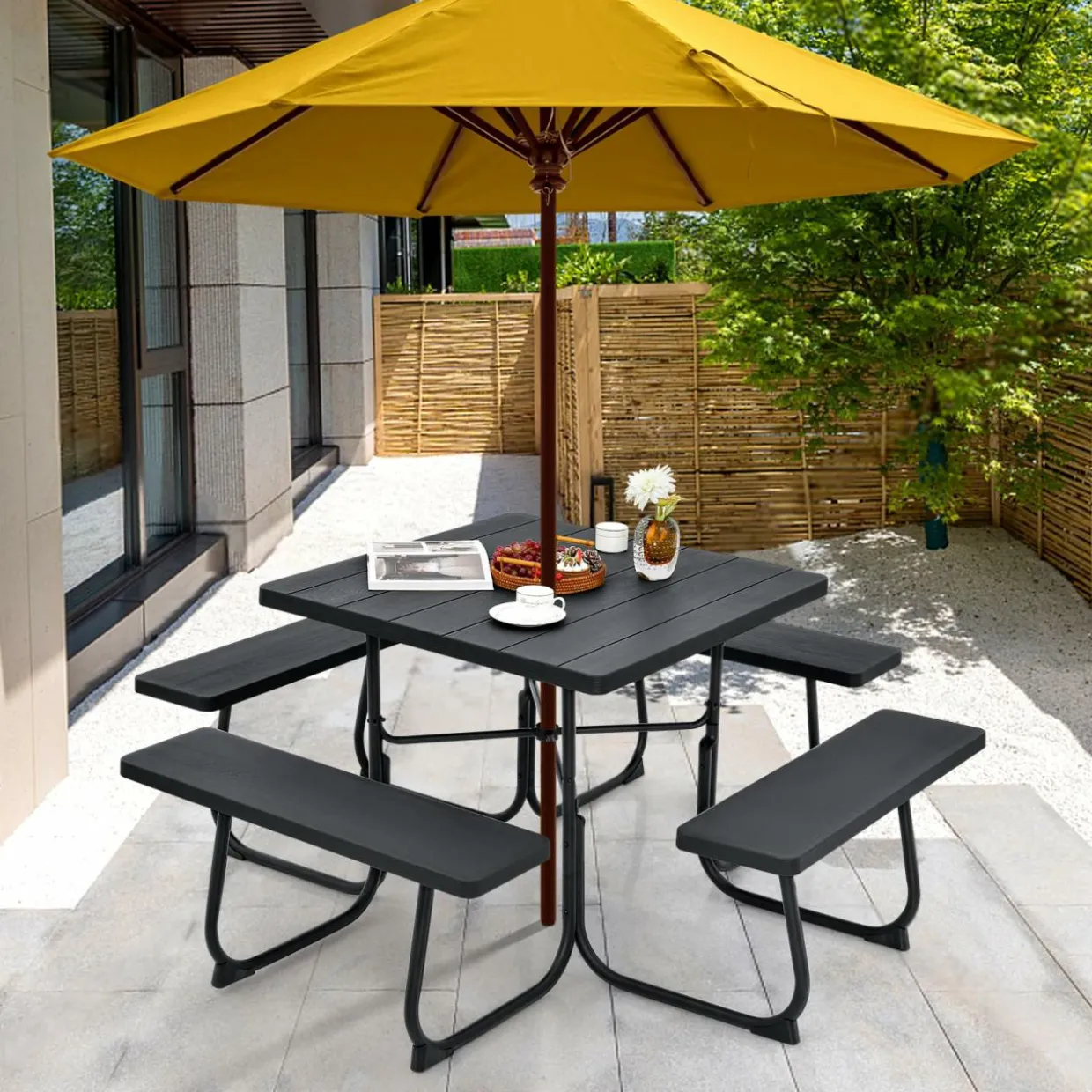 Tangkula 8 Person Picnic Table, Outdoor Square Picnic Table with 4 Built-in Benches