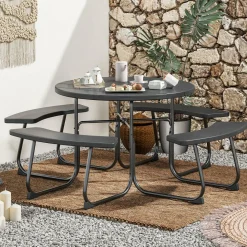 Tangkula 8 Person Picnic Table, Outdoor Round Picnic Table with 4 Built-in Benches, Umbrella Hole