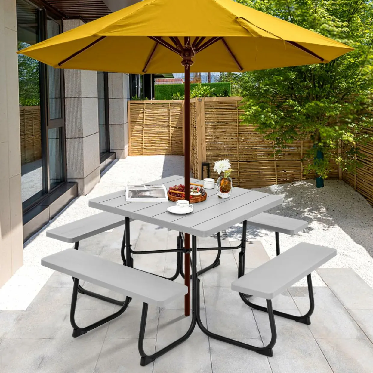 Tangkula 8 Person Picnic Table, Outdoor Square Picnic Table with 4 Built-in Benches