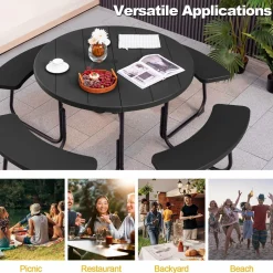 Tangkula 8 Person Picnic Table, Outdoor Round Picnic Table with 4 Built-in Benches, Umbrella Hole