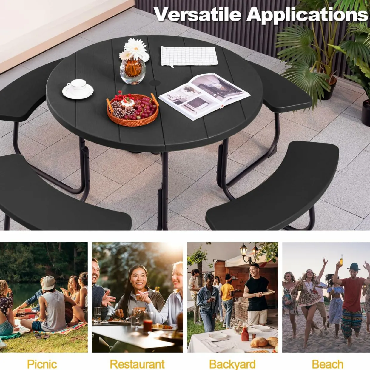Tangkula 8 Person Picnic Table, Outdoor Round Picnic Table with 4 Built-in Benches, Umbrella Hole
