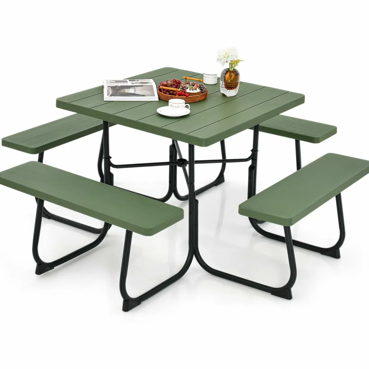 Tangkula 8 Person Picnic Table, Outdoor Square Picnic Table with 4 Built-in Benches