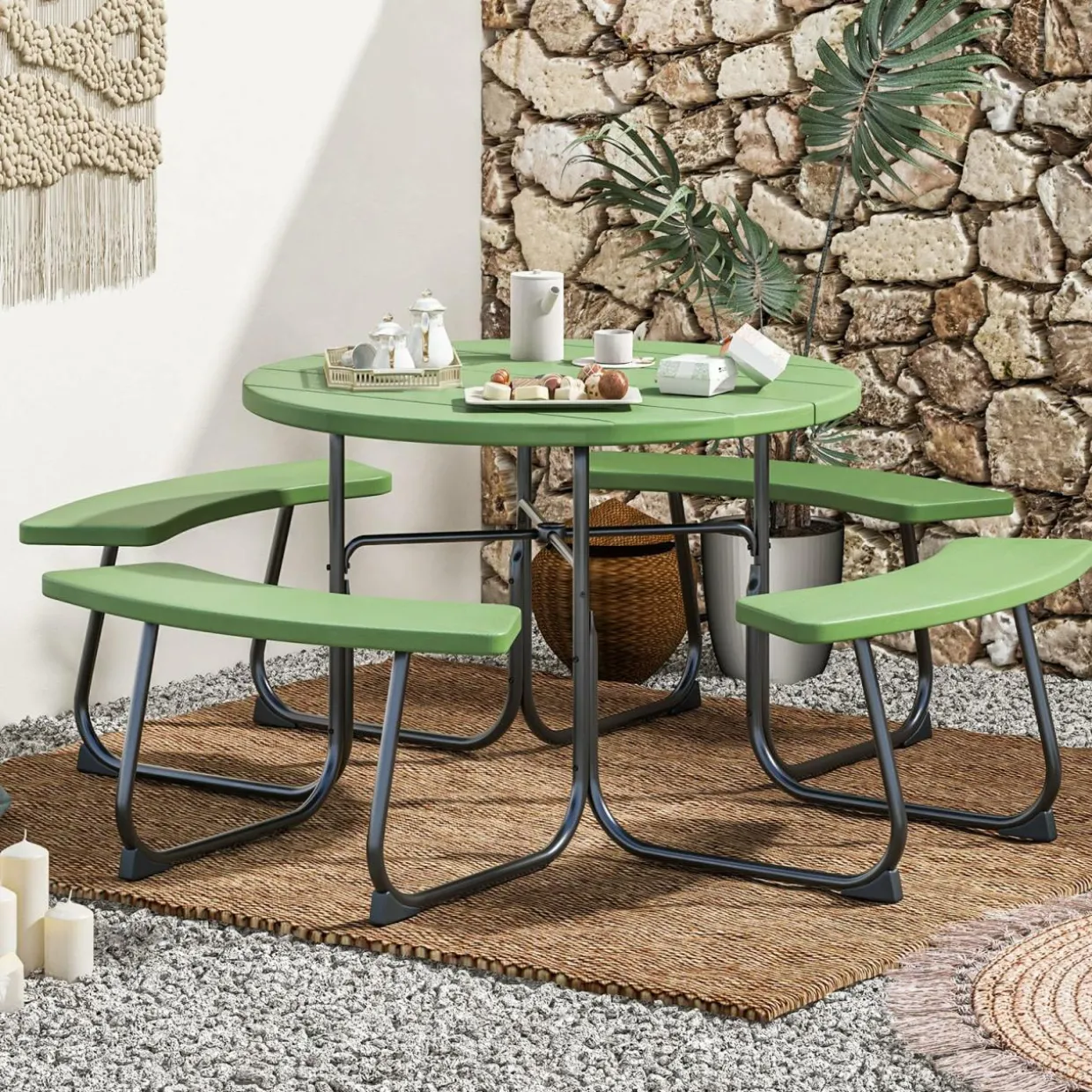 Tangkula 8 Person Picnic Table, Outdoor Round Picnic Table with 4 Built-in Benches, Umbrella Hole