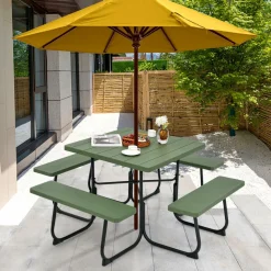 Tangkula 8 Person Picnic Table, Outdoor Square Picnic Table with 4 Built-in Benches