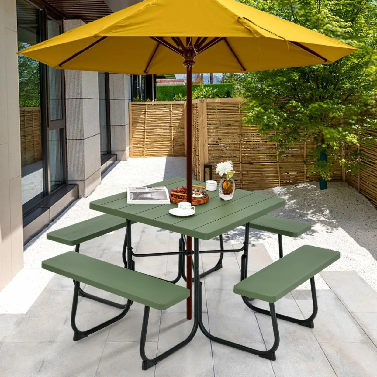 Tangkula 8 Person Picnic Table, Outdoor Square Picnic Table with 4 Built-in Benches