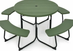 Tangkula 8 Person Picnic Table, Outdoor Round Picnic Table with 4 Built-in Benches, Umbrella Hole