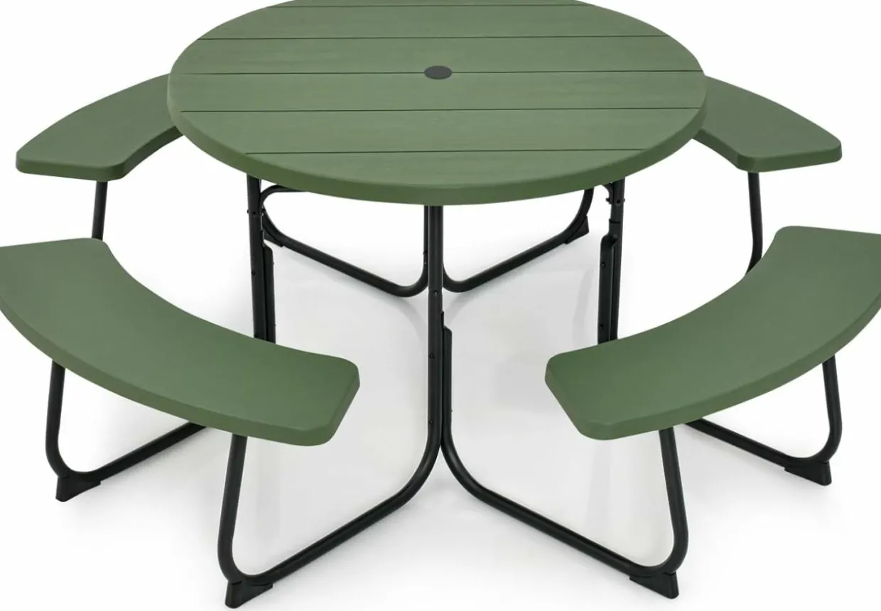 Tangkula 8 Person Picnic Table, Outdoor Round Picnic Table with 4 Built-in Benches, Umbrella Hole