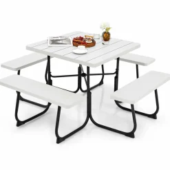 Tangkula 8 Person Picnic Table, Outdoor Square Picnic Table with 4 Built-in Benches