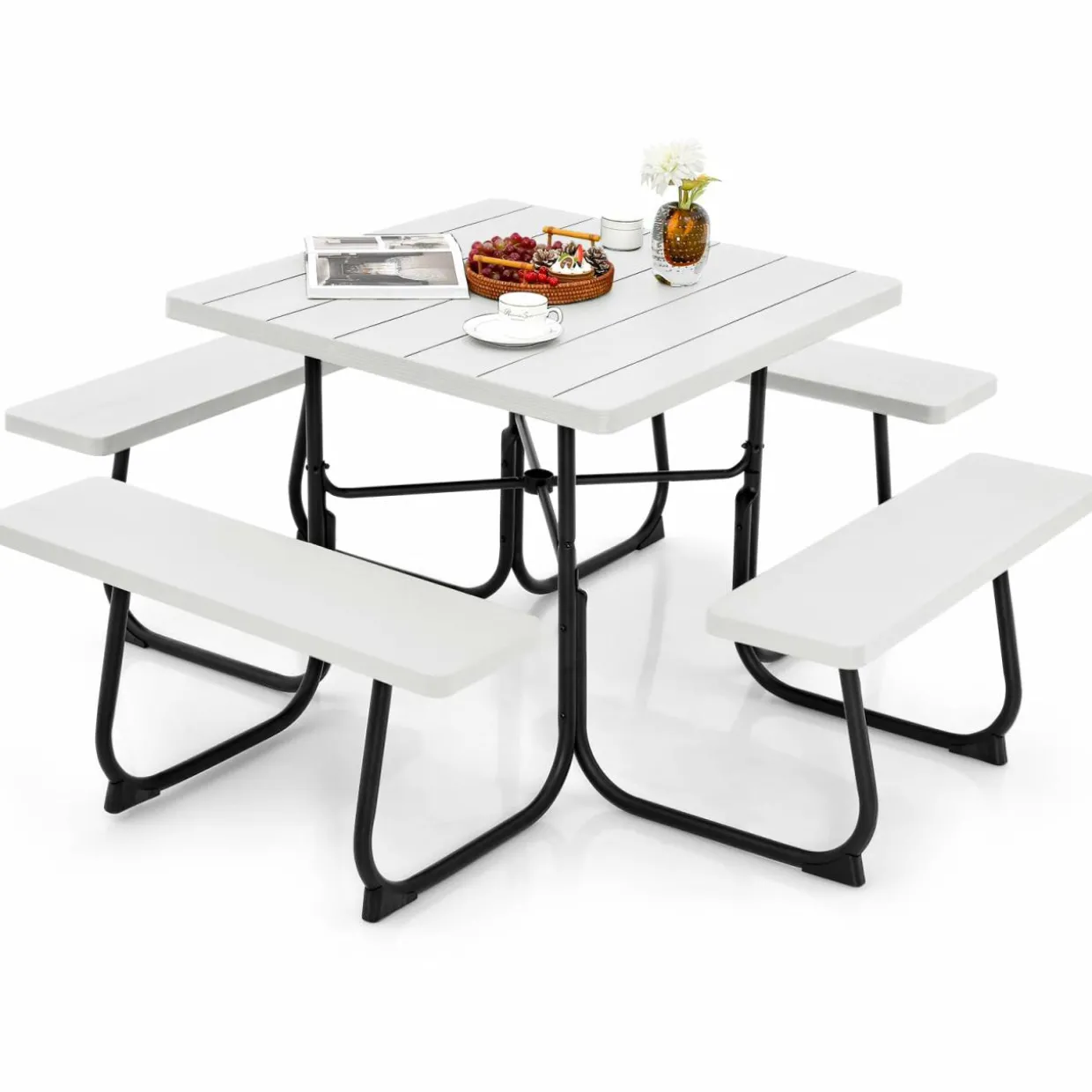Tangkula 8 Person Picnic Table, Outdoor Square Picnic Table with 4 Built-in Benches