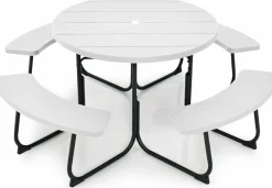 Tangkula 8 Person Picnic Table, Outdoor Round Picnic Table with 4 Built-in Benches, Umbrella Hole