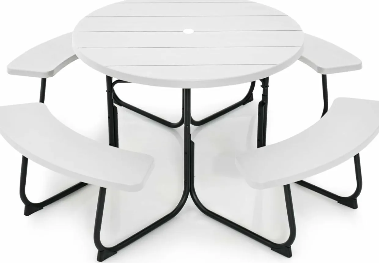 Tangkula 8 Person Picnic Table, Outdoor Round Picnic Table with 4 Built-in Benches, Umbrella Hole