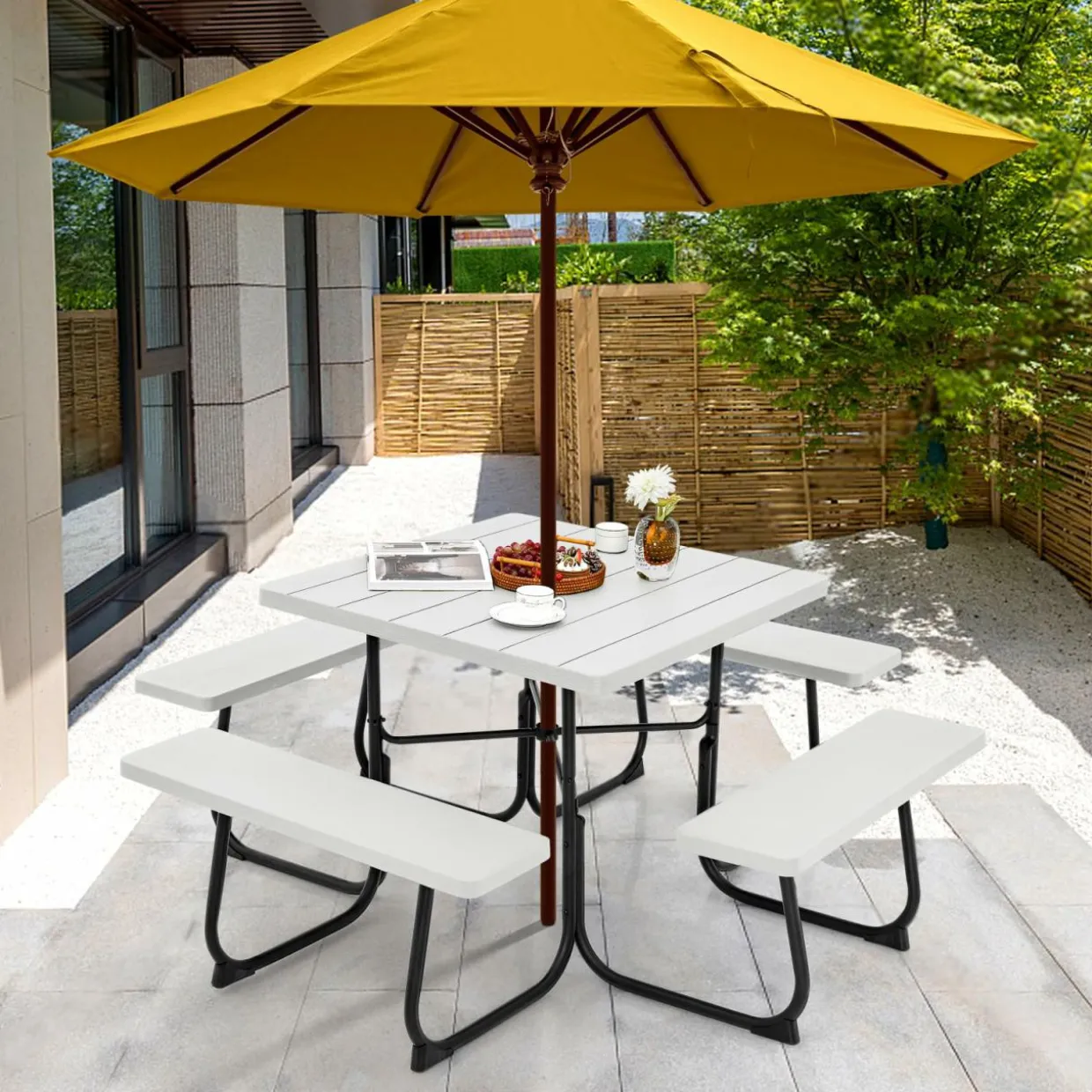 Tangkula 8 Person Picnic Table, Outdoor Square Picnic Table with 4 Built-in Benches