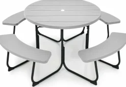 Tangkula 8 Person Picnic Table, Outdoor Round Picnic Table with 4 Built-in Benches, Umbrella Hole