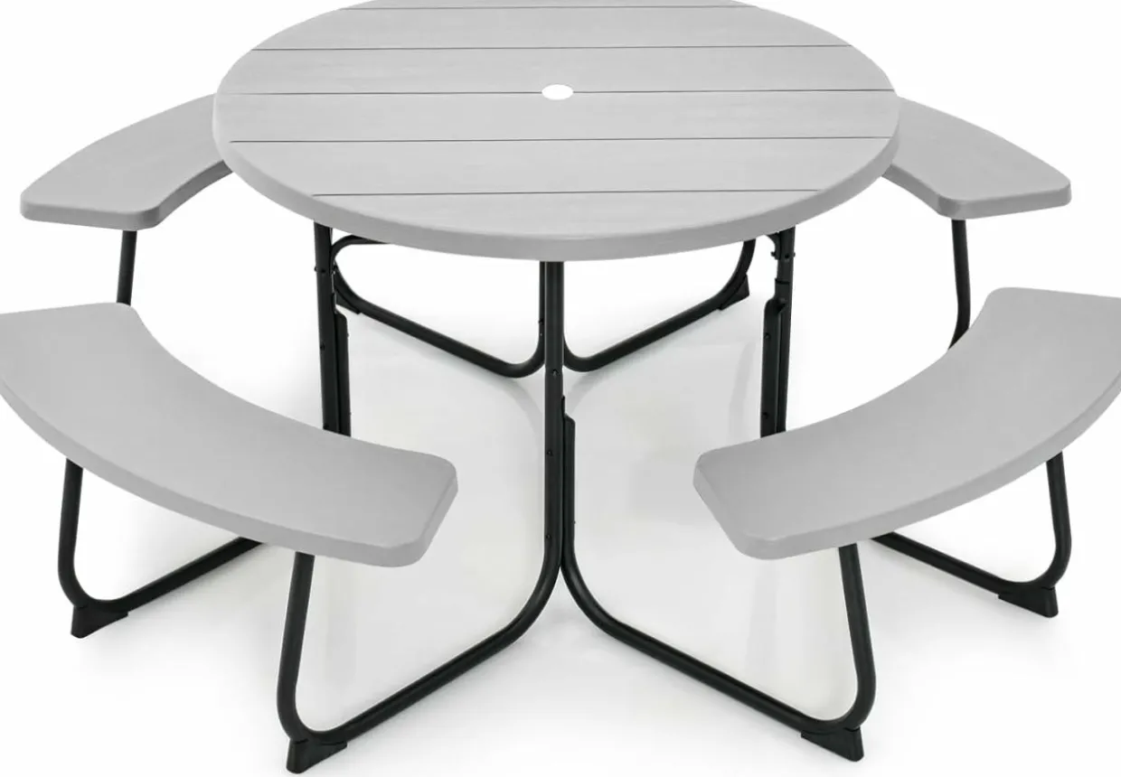 Tangkula 8 Person Picnic Table, Outdoor Round Picnic Table with 4 Built-in Benches, Umbrella Hole