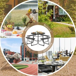 Tangkula 8 Person Picnic Table, Outdoor Round Picnic Table with 4 Built-in Benches, Umbrella Hole