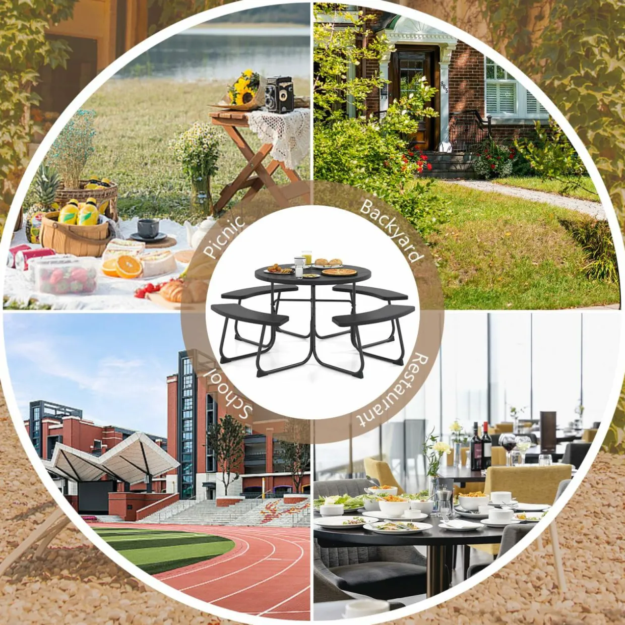Tangkula 8 Person Picnic Table, Outdoor Round Picnic Table with 4 Built-in Benches, Umbrella Hole