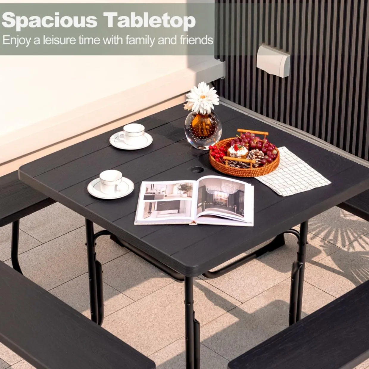 Tangkula 8 Person Picnic Table, Outdoor Square Picnic Table with 4 Built-in Benches