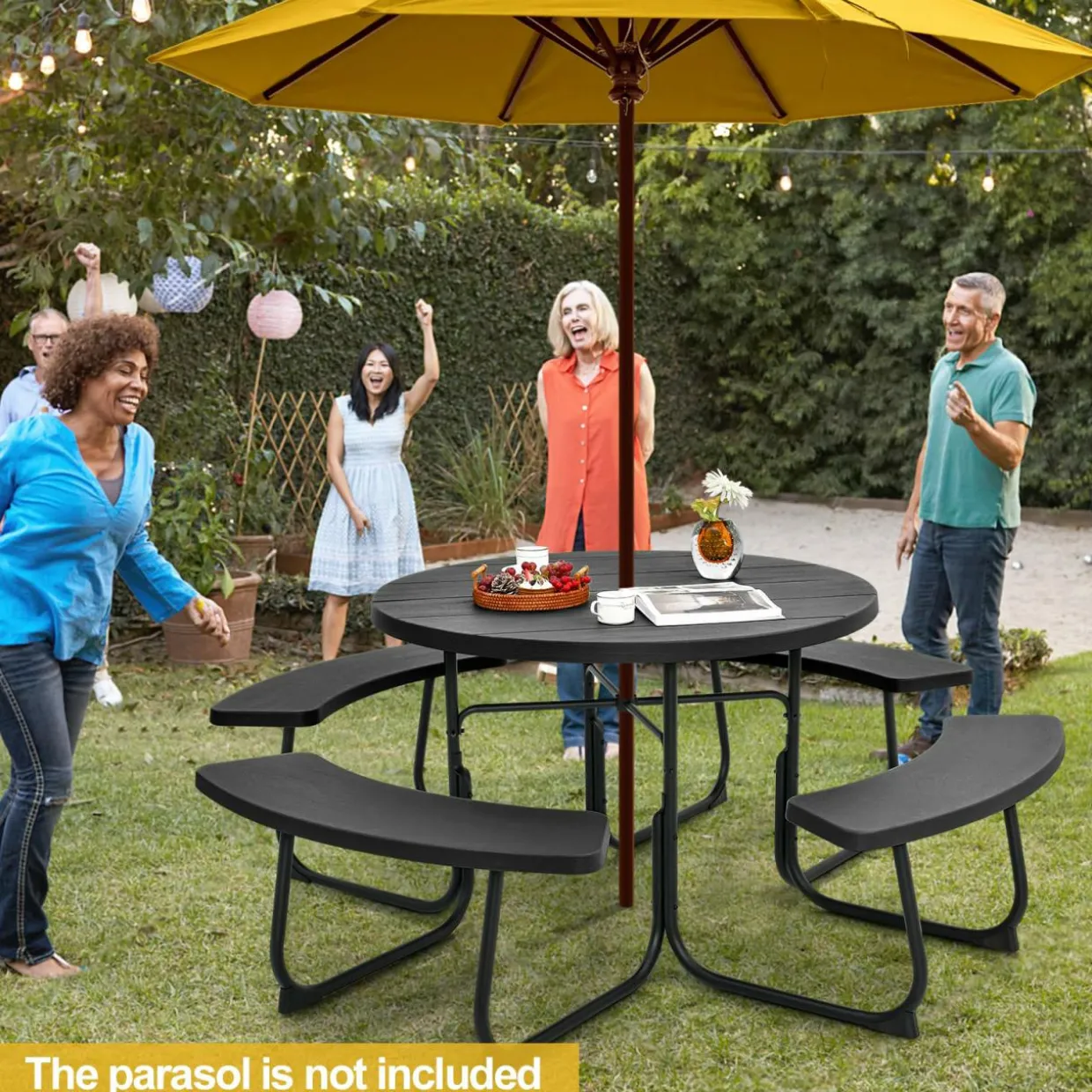 Tangkula 8 Person Picnic Table, Outdoor Round Picnic Table with 4 Built-in Benches, Umbrella Hole