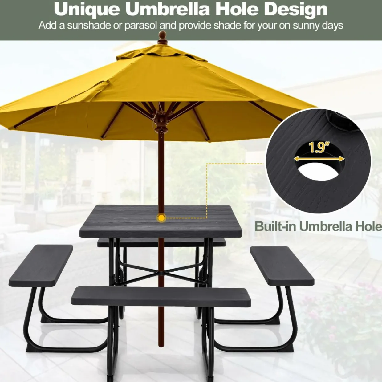 Tangkula 8 Person Picnic Table, Outdoor Square Picnic Table with 4 Built-in Benches