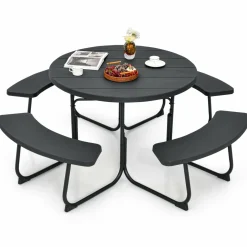 Tangkula 8 Person Picnic Table, Outdoor Round Picnic Table with 4 Built-in Benches, Umbrella Hole