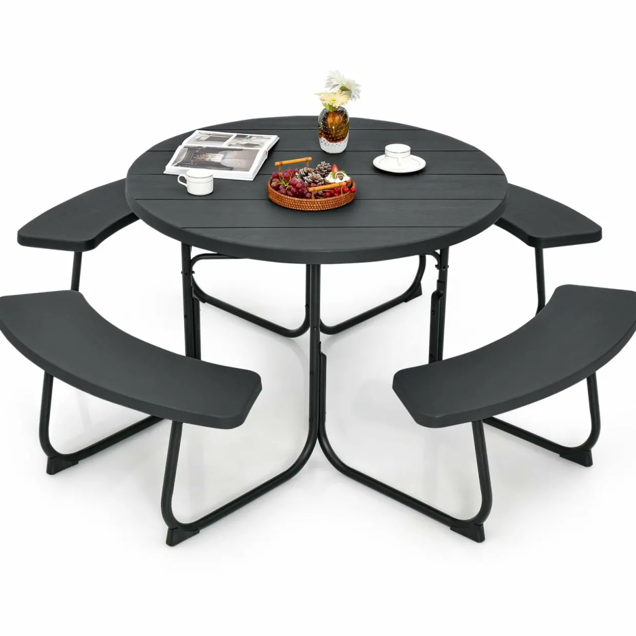 Tangkula 8 Person Picnic Table, Outdoor Round Picnic Table with 4 Built-in Benches, Umbrella Hole