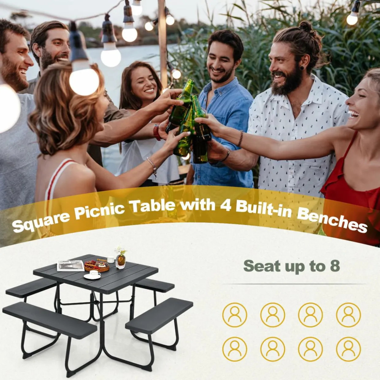 Tangkula 8 Person Picnic Table, Outdoor Square Picnic Table with 4 Built-in Benches