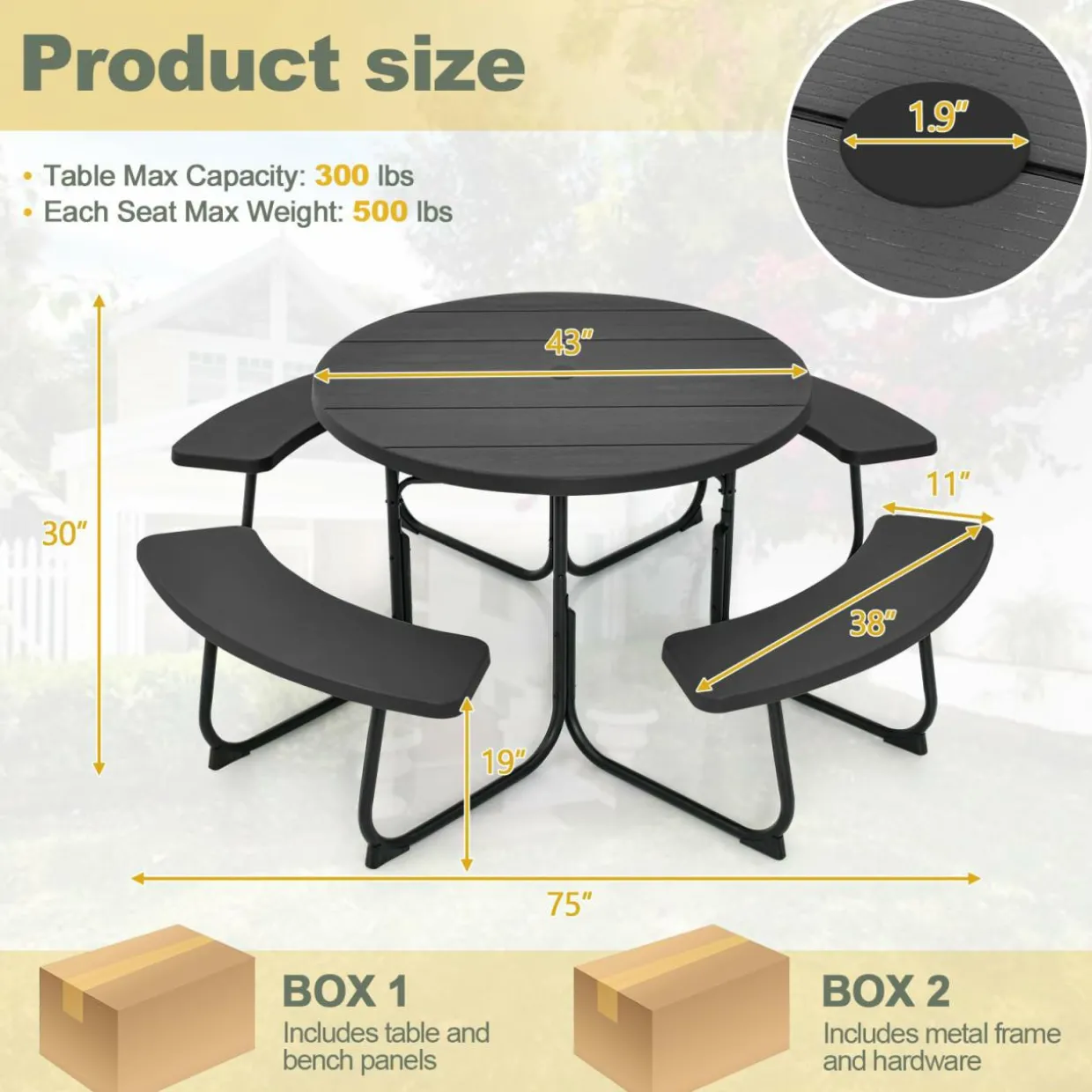 Tangkula 8 Person Picnic Table, Outdoor Round Picnic Table with 4 Built-in Benches, Umbrella Hole